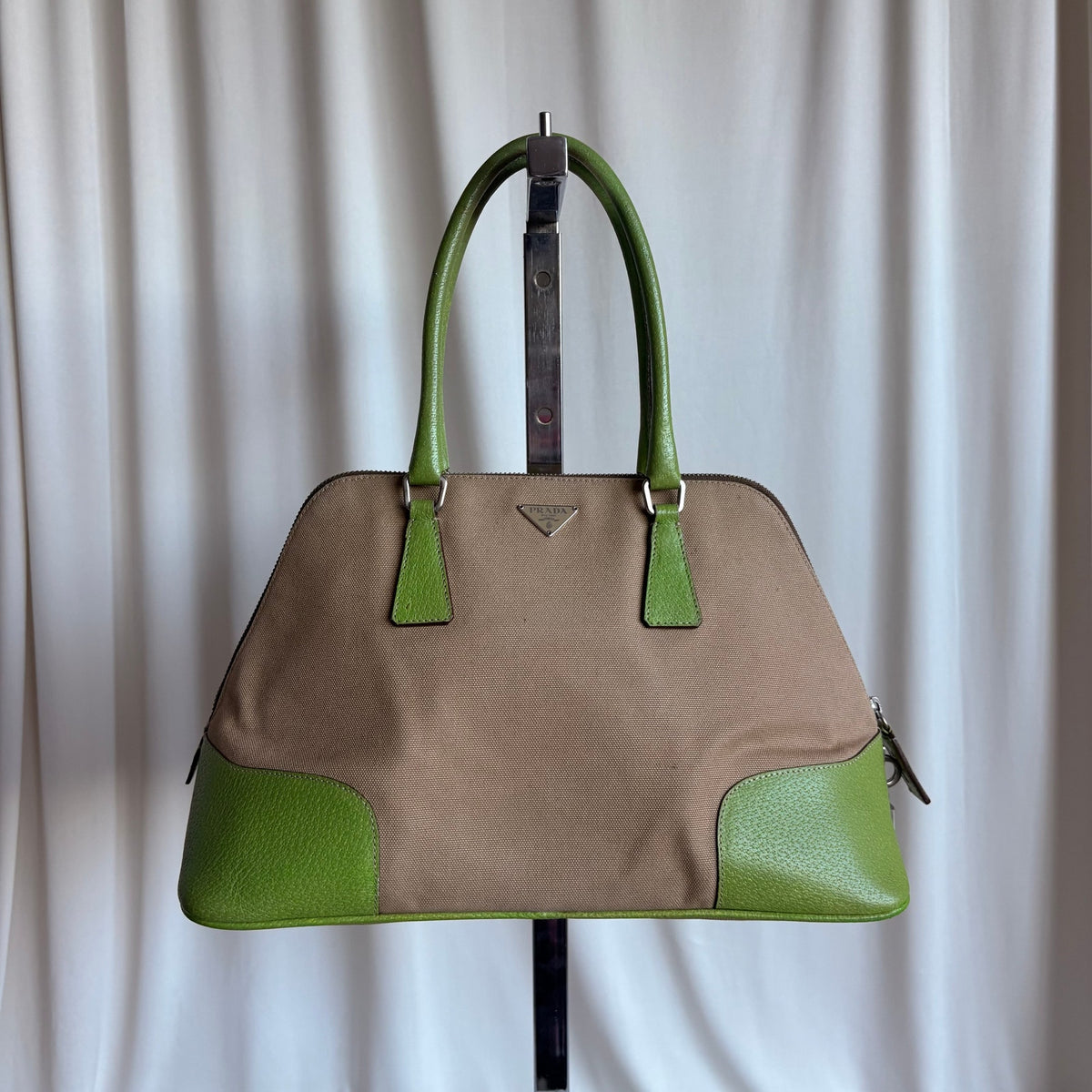 Vintage Prada Beige Canapa Dome & Lime Green Leather Trim Bowling Bag