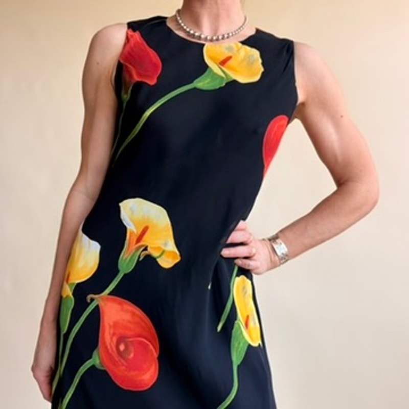 Tessuto Black Calla Lily Maxi Dress - Yellow & Red Flowers- 90s Vintage, Size XS