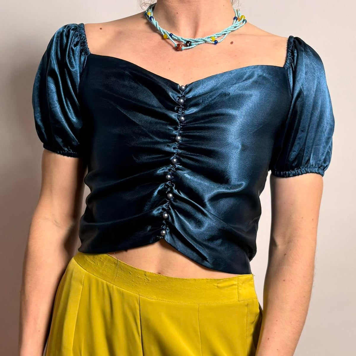 Vintage Handmade Ruching Top - Blue Silky Fabric