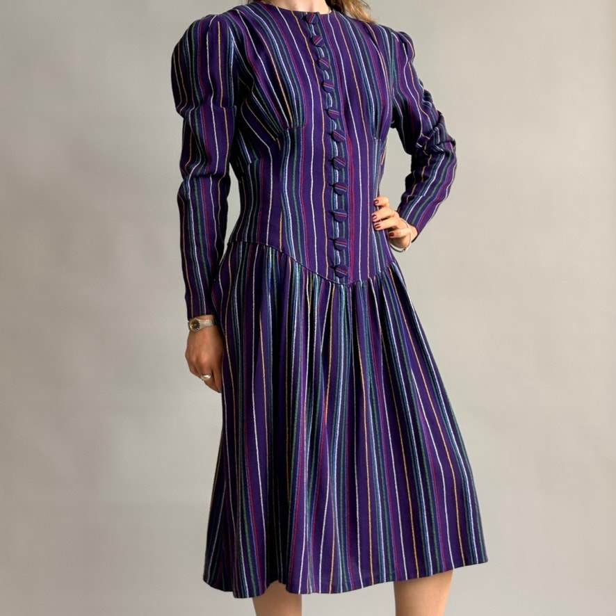 Vintage 1940s Purple Striped Wool Button-Front Day Dress