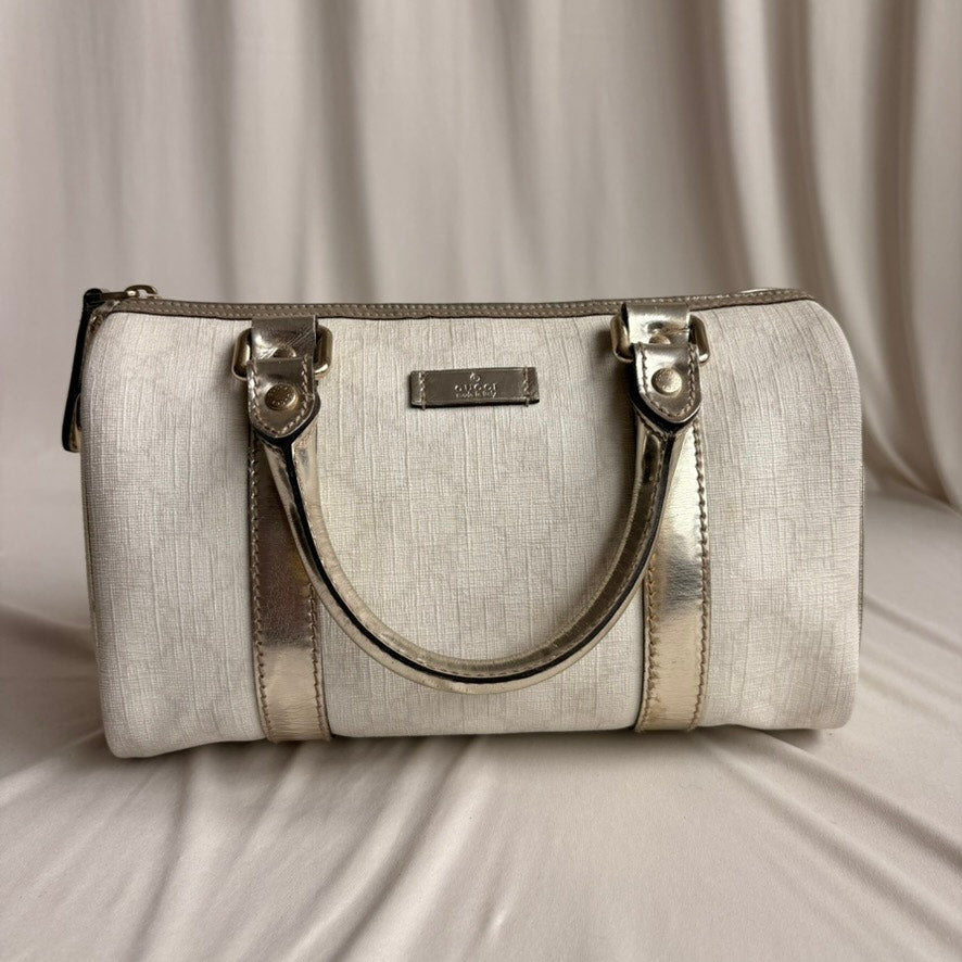 Gucci Small Joy Boston Bag - GG Supreme Canvas, White/Gold, Metallic Silver Trim