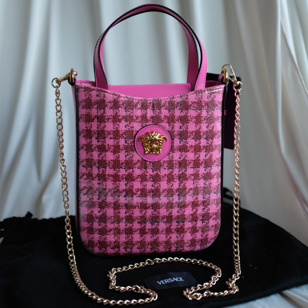 Versace La Medusa Calfskin Vinyl Mini Houndstooth Tote Bag Pink Multicolor Bag