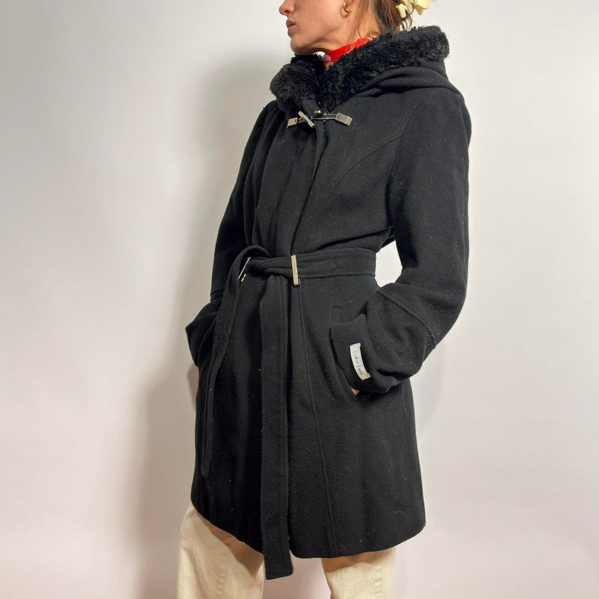 Calvin Klein Black Belted Coat - Large (Fits Medium)