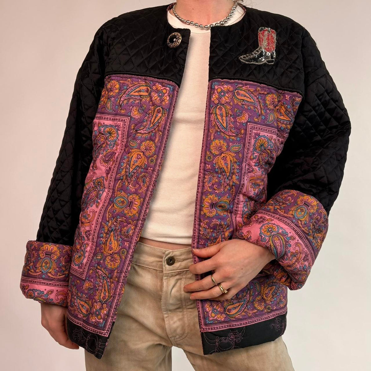Quilted Paisley Jacket with Cowboy Boot Patch - Black & Pink