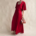 Frederick's of Hollywood Red Satin Rose Jacquard Maxi Dress - Lace Cutout