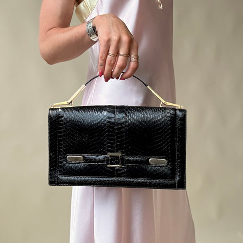 1940s/50s Black Snakeskin Bag - Gold Hardware, Suede Interior, 3 Sections