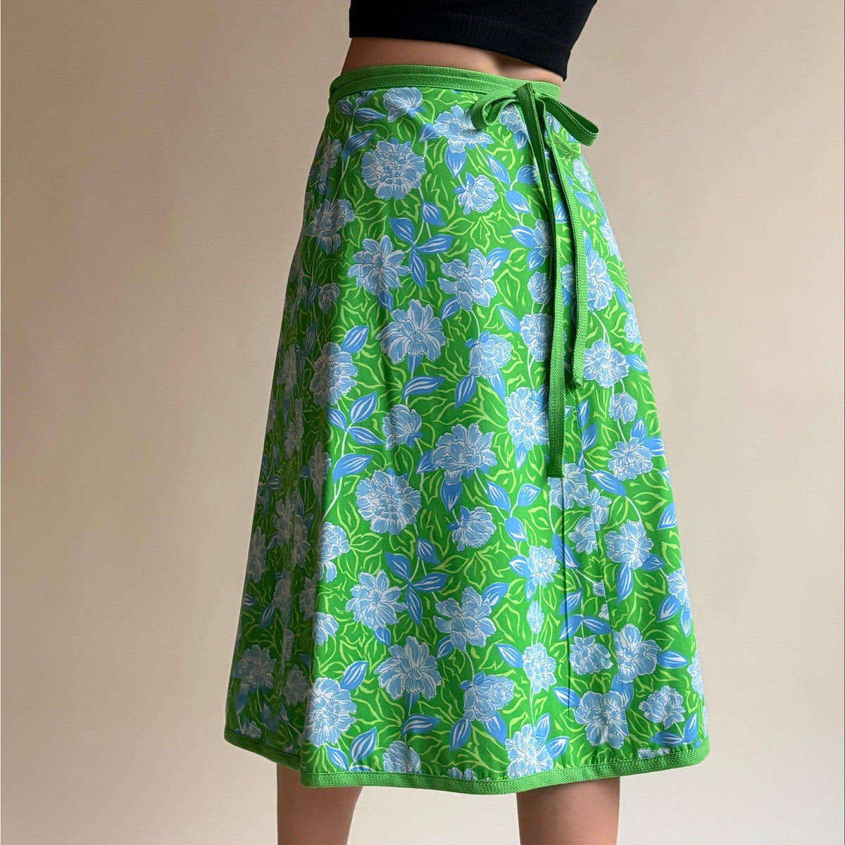 1970s Reversible Floral Wrap Skirt - Green or Baby Blue, One Size