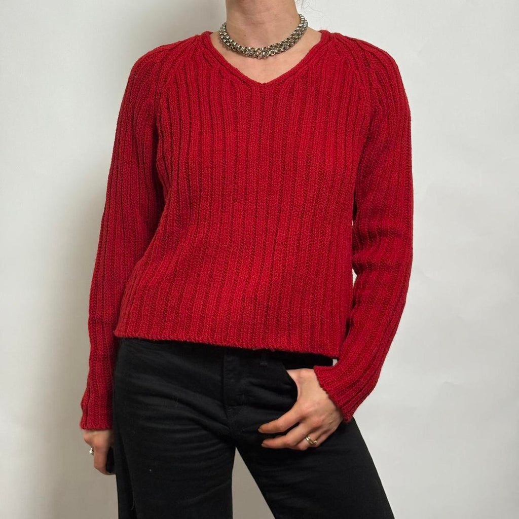 Ricki's Cherry Red Chunky V-Neck Sweater - Small