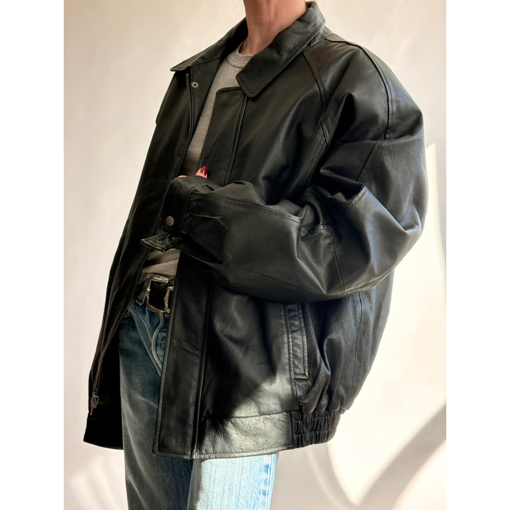 Vintage 90s North Crest Black Leather Bomber Jacket -large