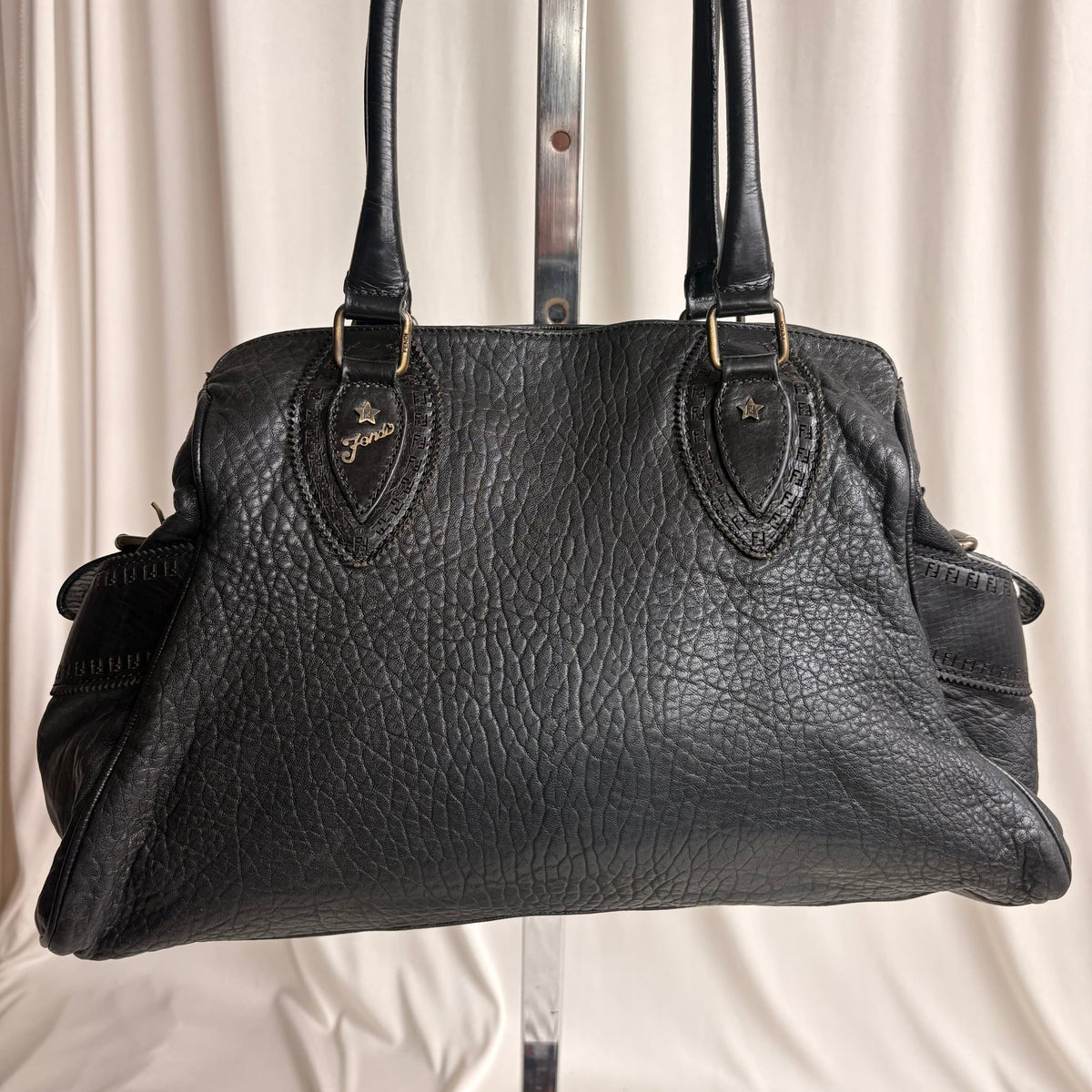 Fendi Black "Etnico Du Jour" Pebbled Calf Leather Handbag