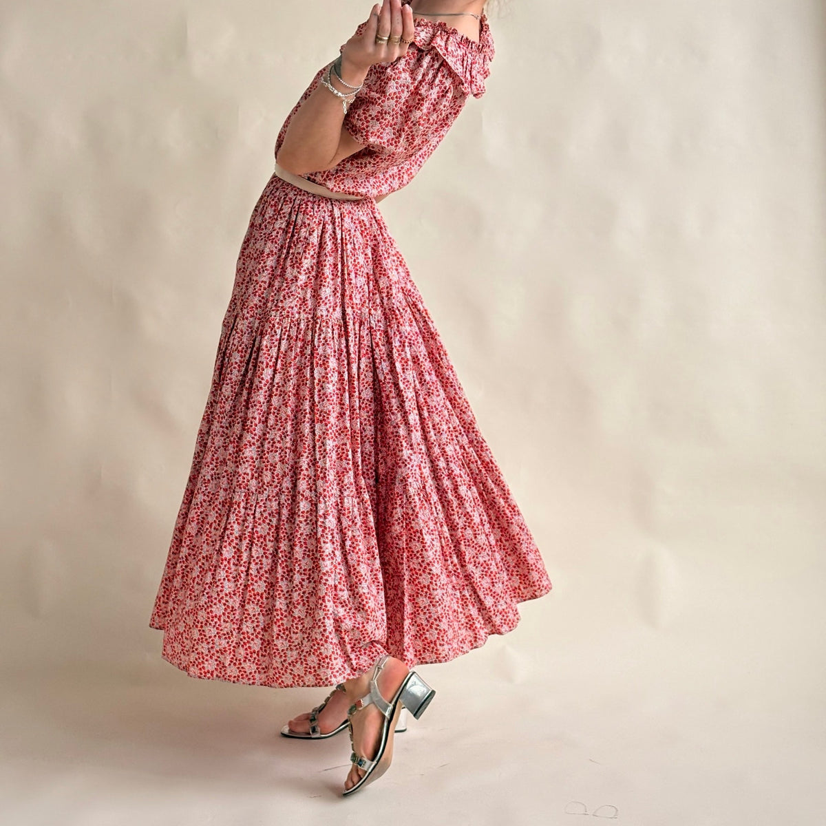 Vintage Handmade 70s Red Floral Maxi Dress - Puff Sleeve, Ruffle Neck