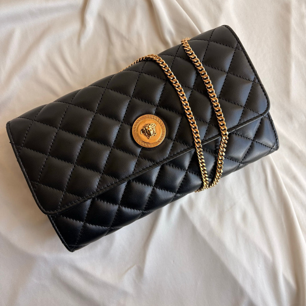 Versace Quilted Lambskin Leather Clutch - Black, Gold Hardware, NWOT