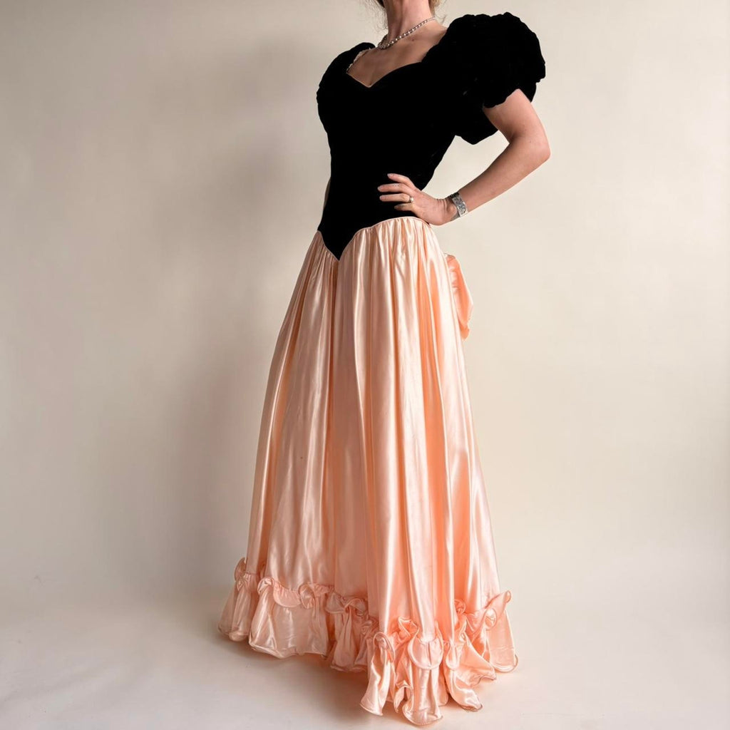 Sharon Akin Black Velvet & Pink Prom Dress - Vintage 80s, Size Small