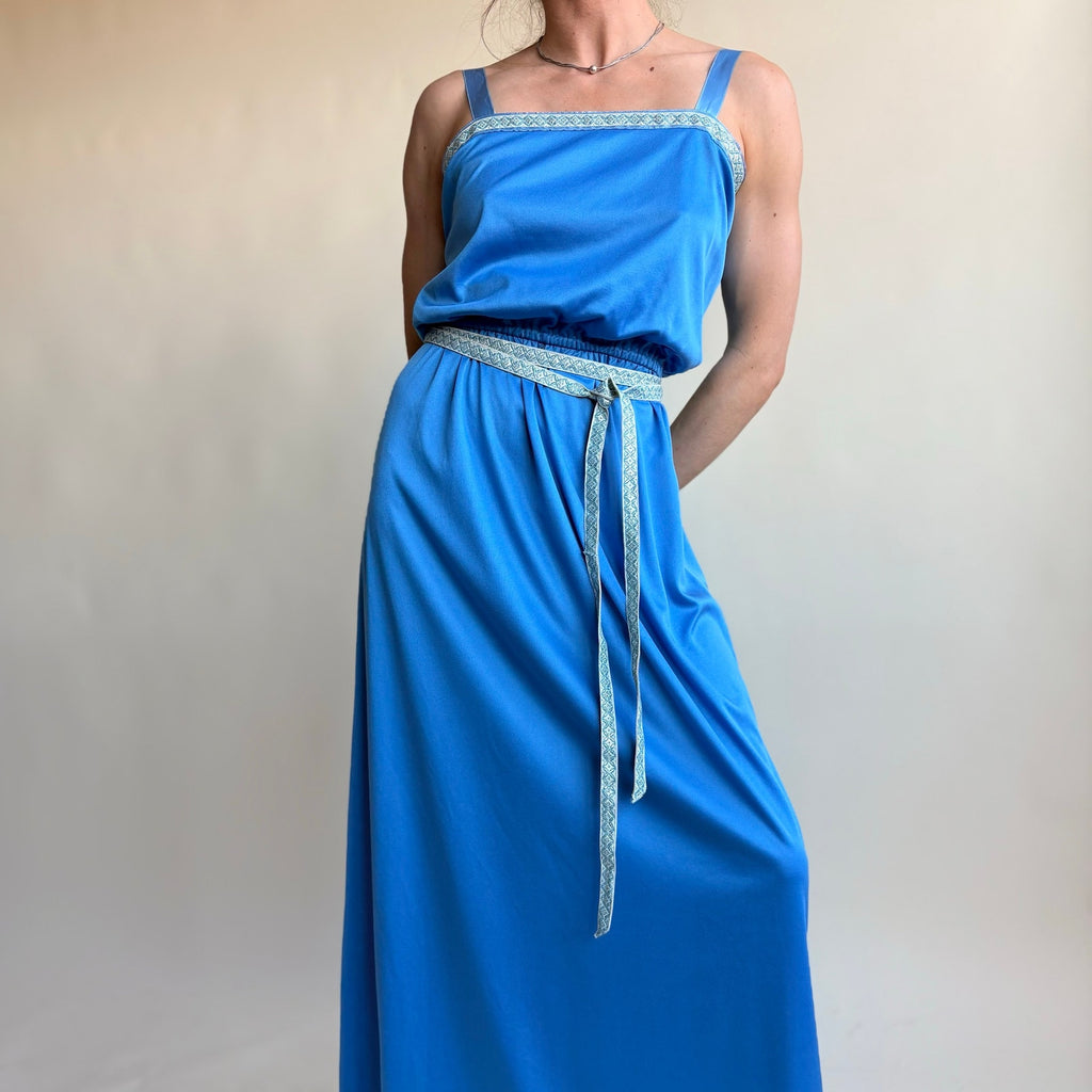 1970s Handmade Blue Maxi Dress - Square Neck, Silver Trim, Elastic Waist, Fits Small