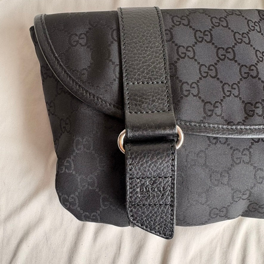 Gucci Messenger Bag Black GG Monogram Nylon, Leather Trim