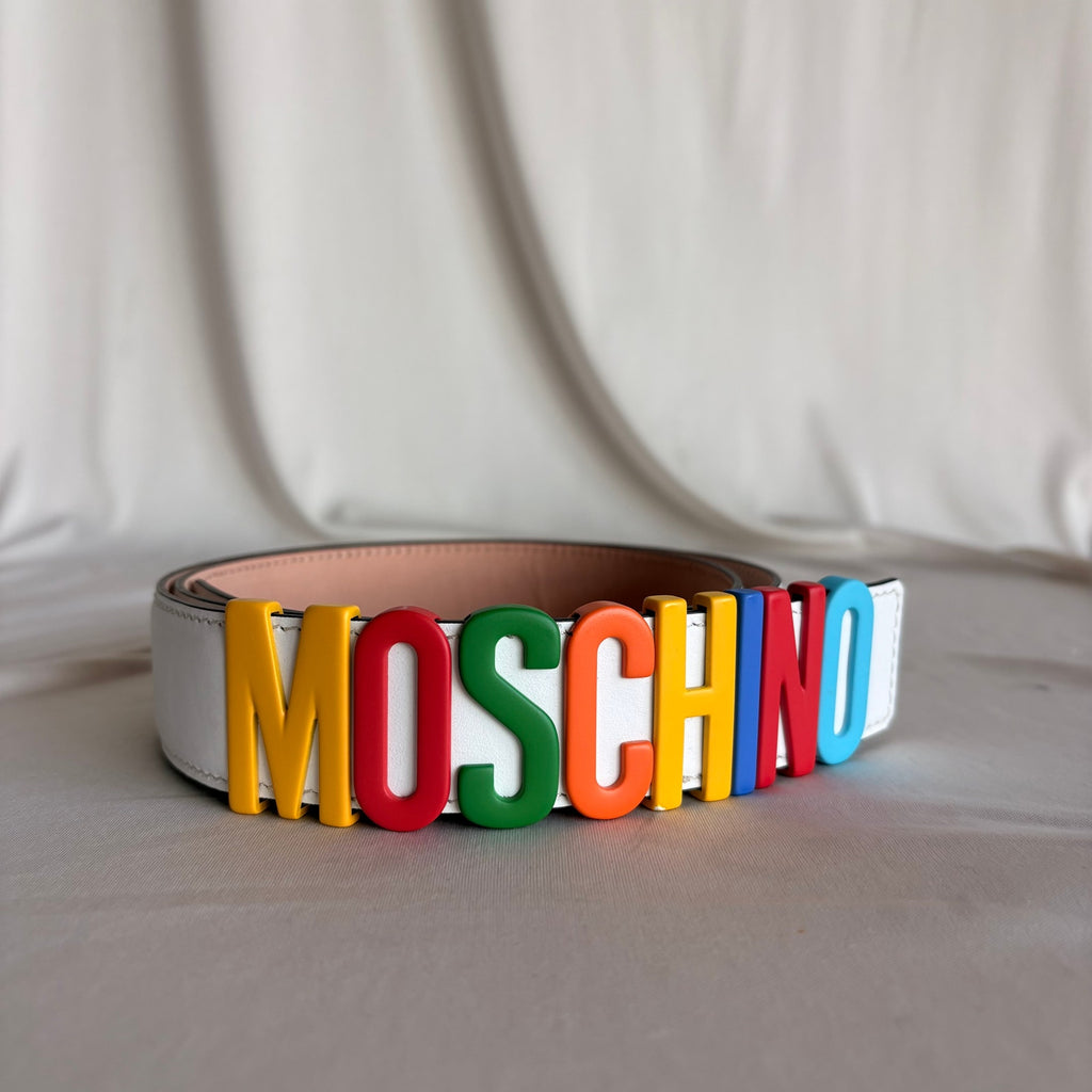 Moschino White Leather Multicolor Logo Buckle Belt Size IT50