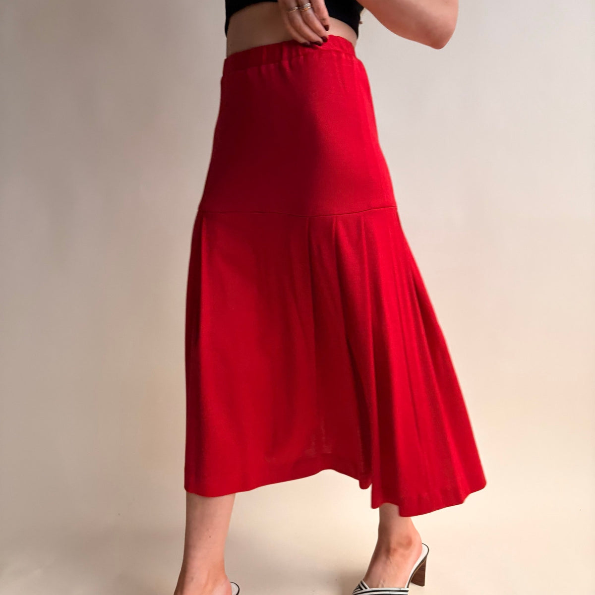 Cherry Red Drop Waist Pleated Midi Skirt - Elastic Waist, Size Small