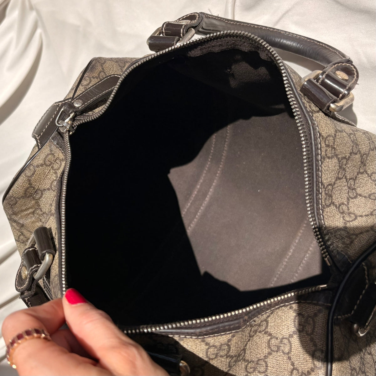 Gucci Joy Boston Bag - GG Supreme Coated Canvas, Dark Brown Patent Leather Trim