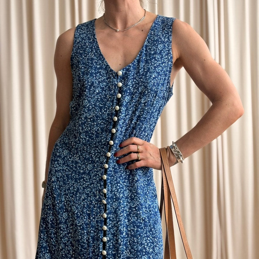Fashion Bug Blue Daisy Floral Dress - 90s - Size 14P (Fits S)