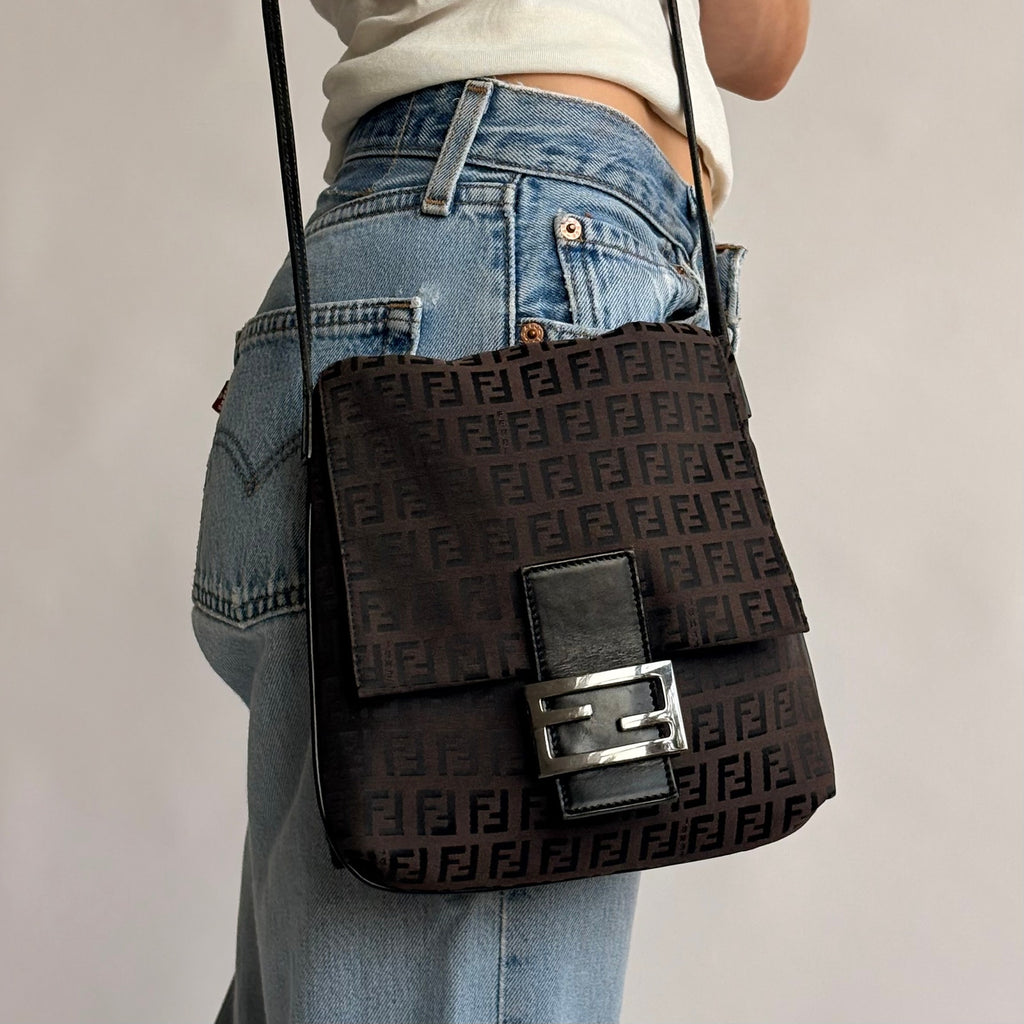Vintage Fendi Zucchino Black & Brown Mama Baguette Bag