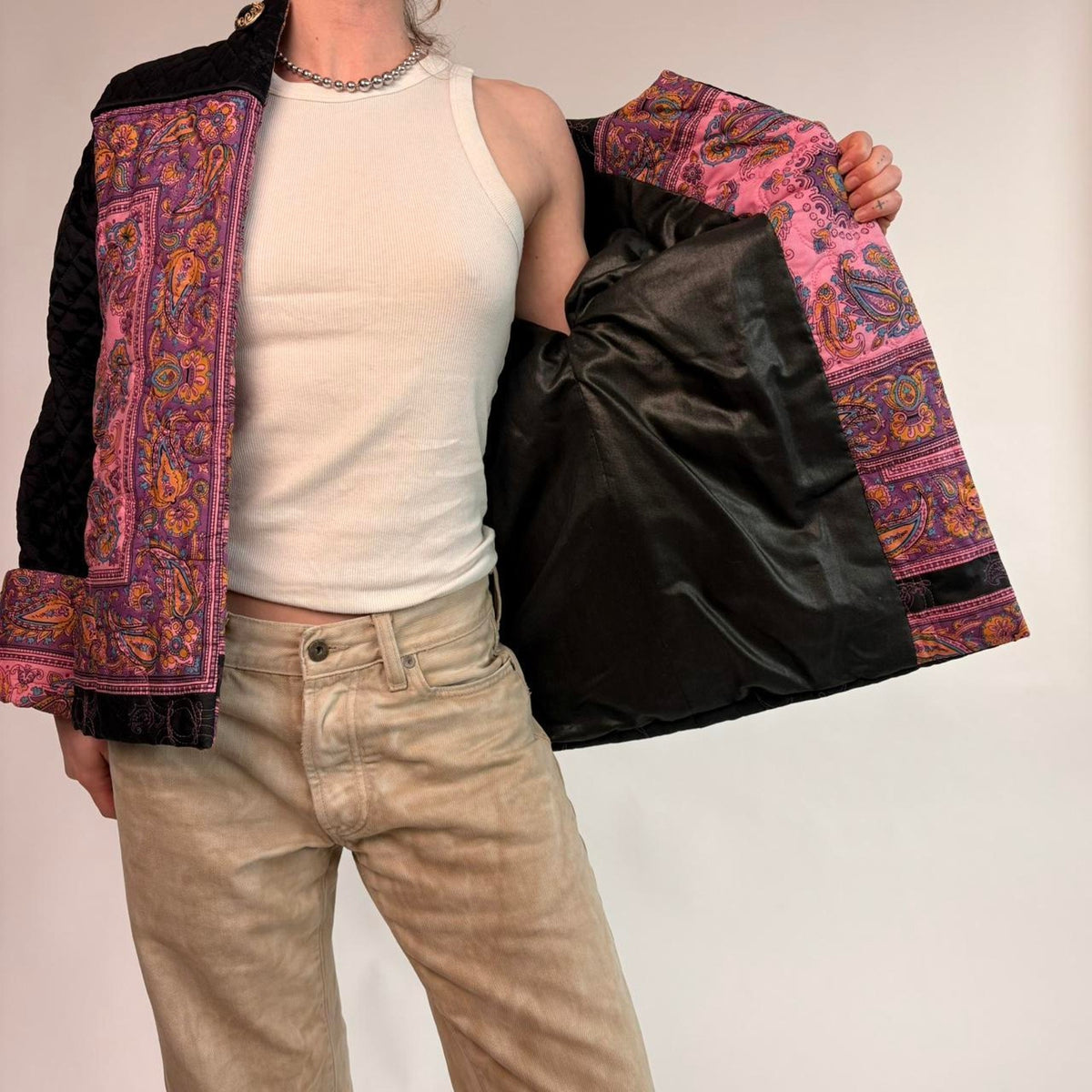 Quilted Paisley Jacket with Cowboy Boot Patch - Black & Pink
