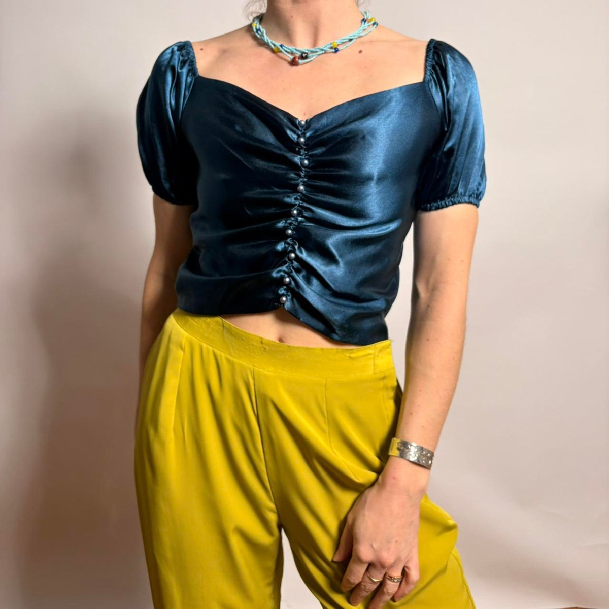 Vintage Handmade Ruching Top - Blue Silky Fabric