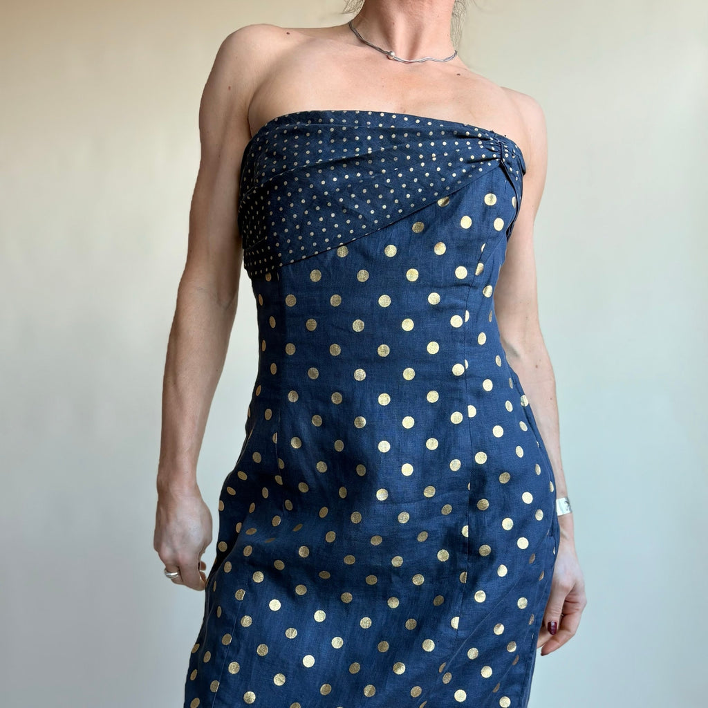 Albert Nipon Navy Blue Strapless Wiggle Dress - Gold Polka Dot, Bow Detail, Size 4/6