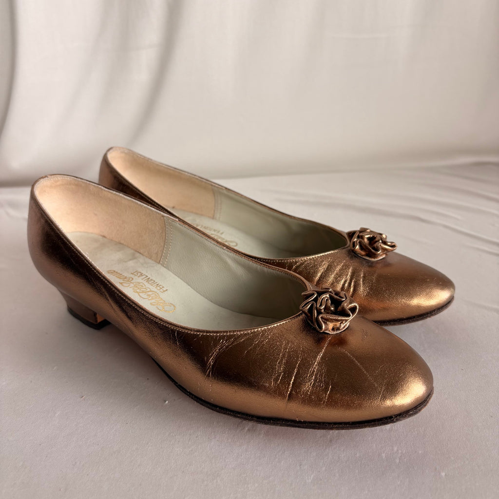 Vintage Gold Leather Round Toe Pumps - Leather Flower Detail, 1" Heel