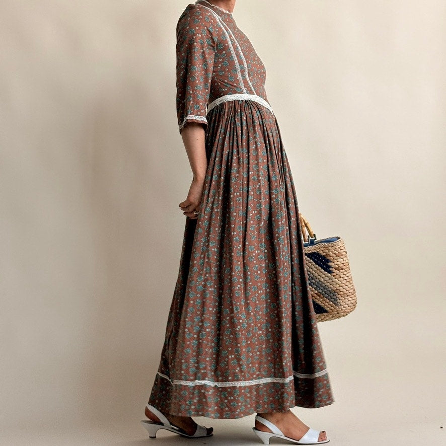 1970s Homemade Prairie Dress - Brown Calico Floral, Lace Trim, Fitted Waist, Fits XS/S