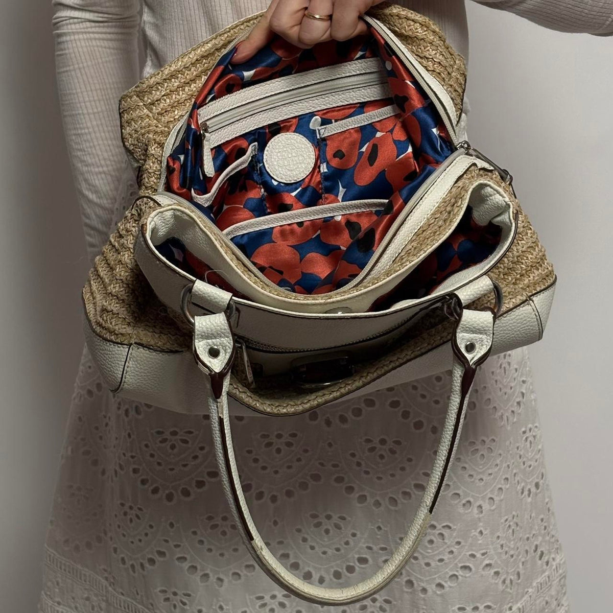 Vintage Dana Buchman Straw &  White Leather Tote