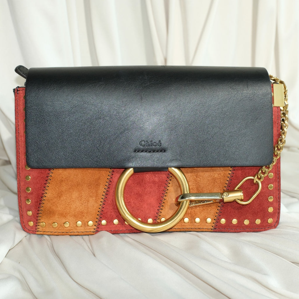 Chloe Brown Studded Suede Faye Crossbody Bag Black Leather