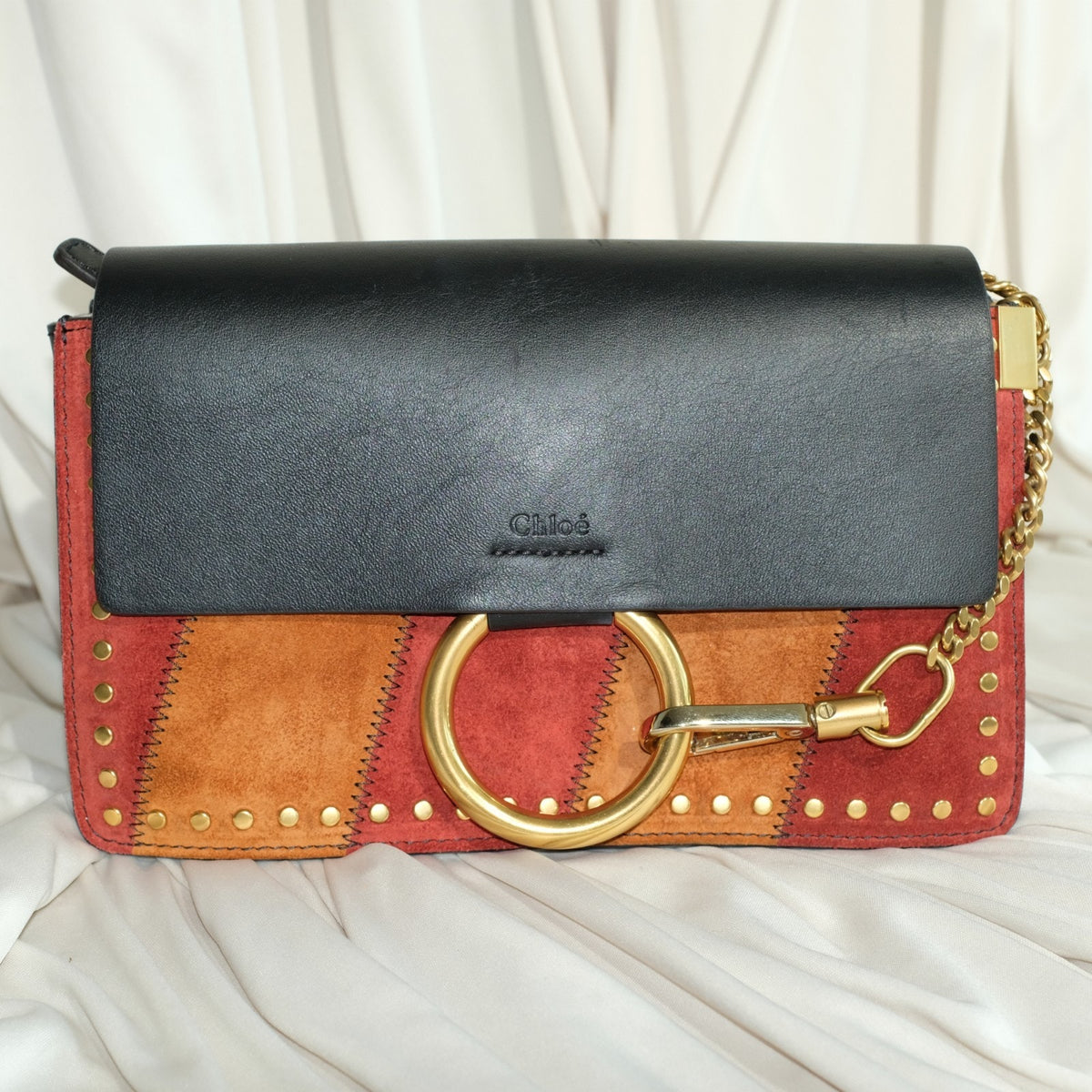 Chloe Brown Studded Suede Faye Crossbody Bag Black Leather