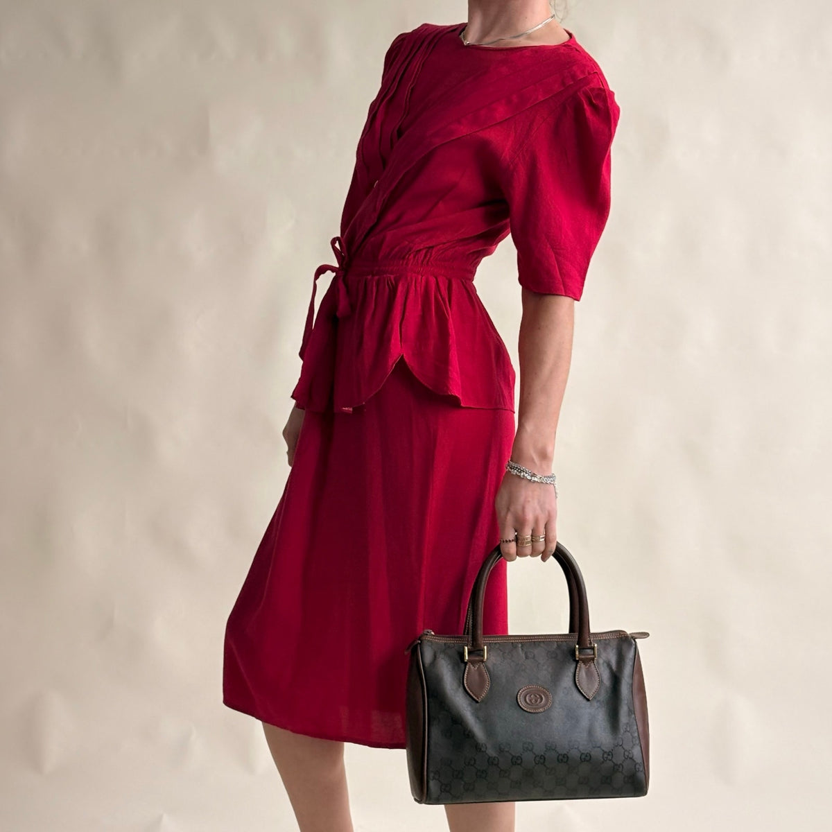 South Bay Vintage Red Wrap Peplum Dress - Pleated Detail, Tie Waist