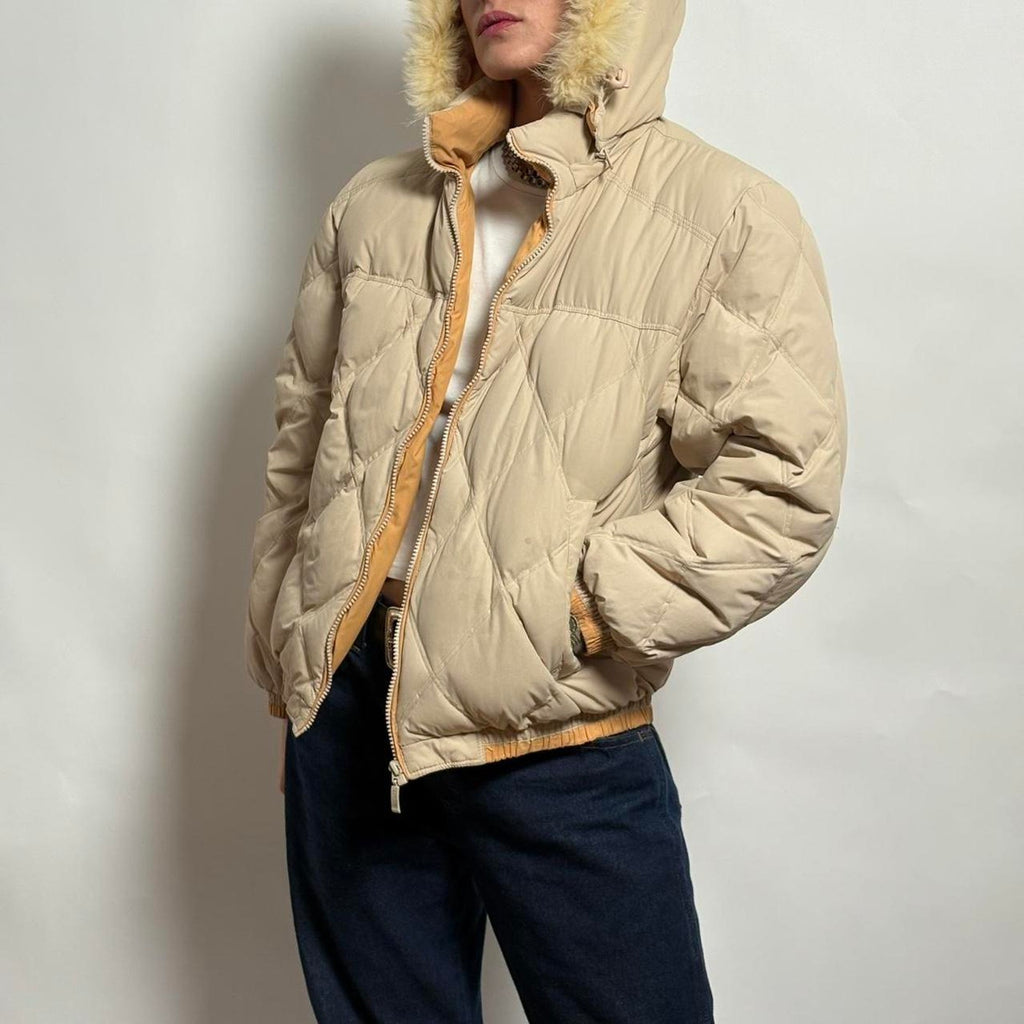 Cream Quilted Cropped Puffer Jacket w/ hood - Small