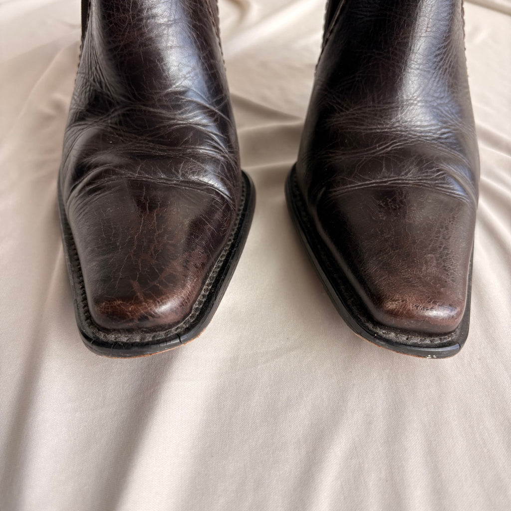 Vintage Stuart Weitzman Brown Leather Ankle Booties - Curved Heel, 7.5