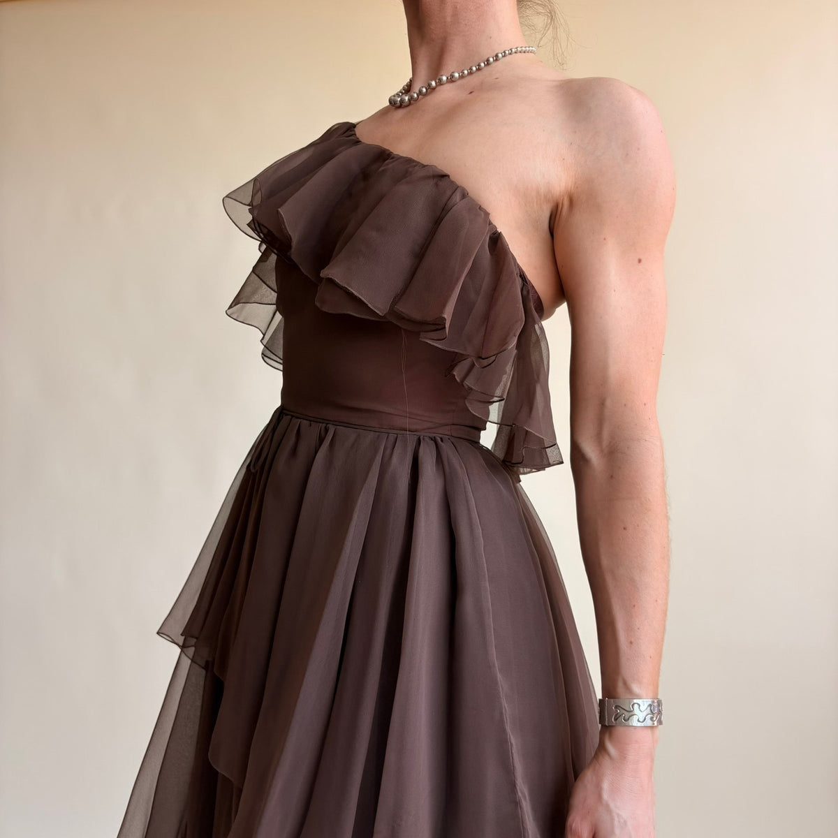 Patricia Murray Brown Ruffled Chiffon Dress - One-Shoulder, Fits Modern 0