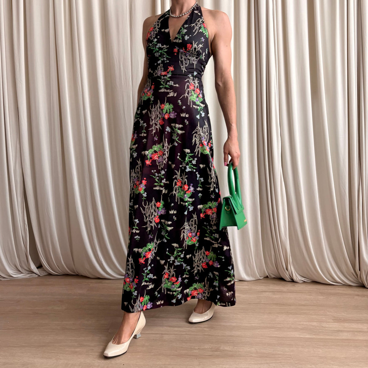 Leslie J 70s Black Floral Halter Maxi - Vintage Romantic, Fits Small
