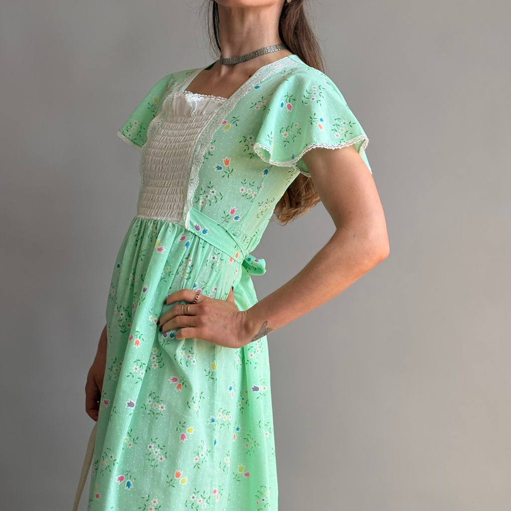 Vintage 70s Sears Growing Girl  Green Floral Prairie Dress - Small
