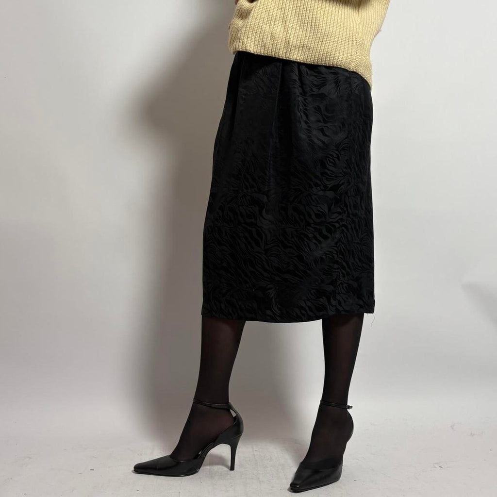 Vintage Silk Black Midi Skirt - small
