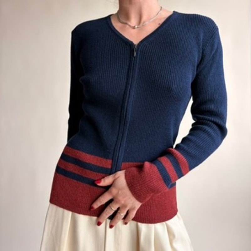 Jones & Co. Navy Zip Cardigan - Burgundy Stripes, Wool Blend, Preppy Coastal Vibes, Size Small