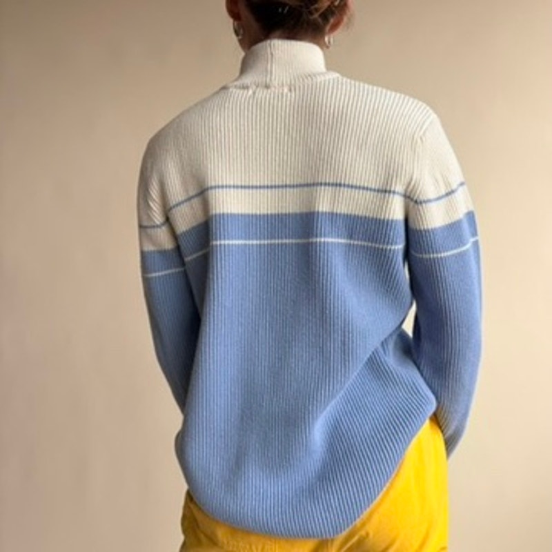 Jeanne Pierre Striped Mock Neck Sweater - Blue & White, 100% Cotton,  Size Small