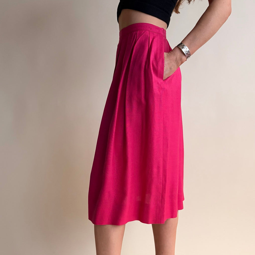 Hot Pink Pleated Midi Skirt - 50s/60s Vintage, Breezy Cotton Blend, Size 4