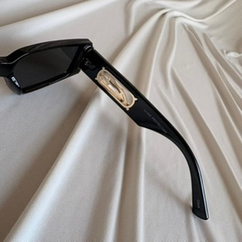 Narrow Black Rectangular Sunglasses - Gold Cheetah Emblem, Cutout Temple Detail