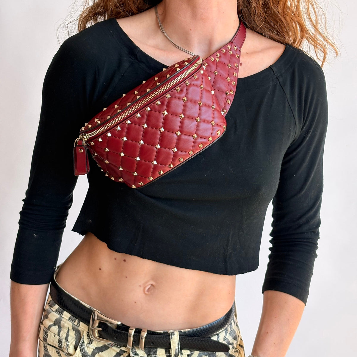 Valentino Rockstud Red Leather Belt Bag - Gold Studs