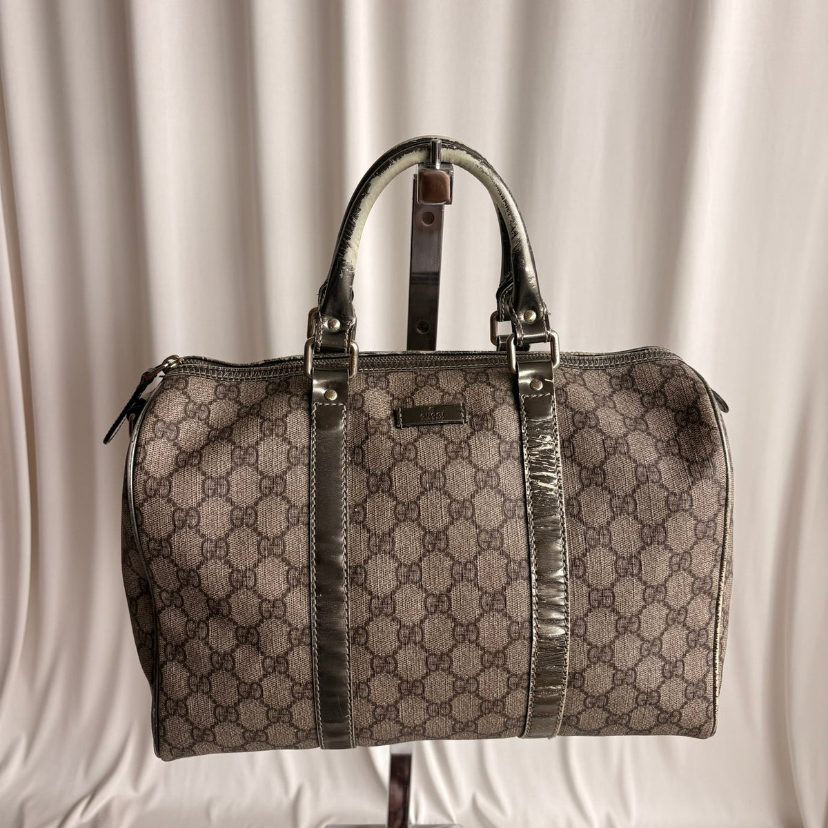 Gucci GG Supreme Joy Boston Bag - Brown Coated Canvas &Metallic Leather Trim