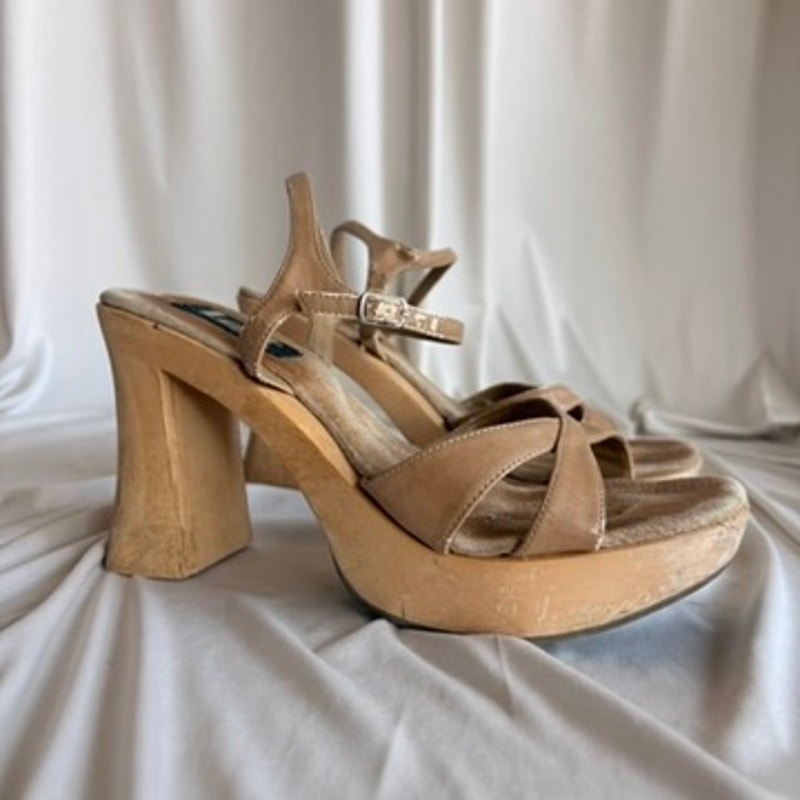 l.e.i. Wooden Platform Sandals - Brown Strappy, Chunky Block Heel, 90s/Y2K, Size 8