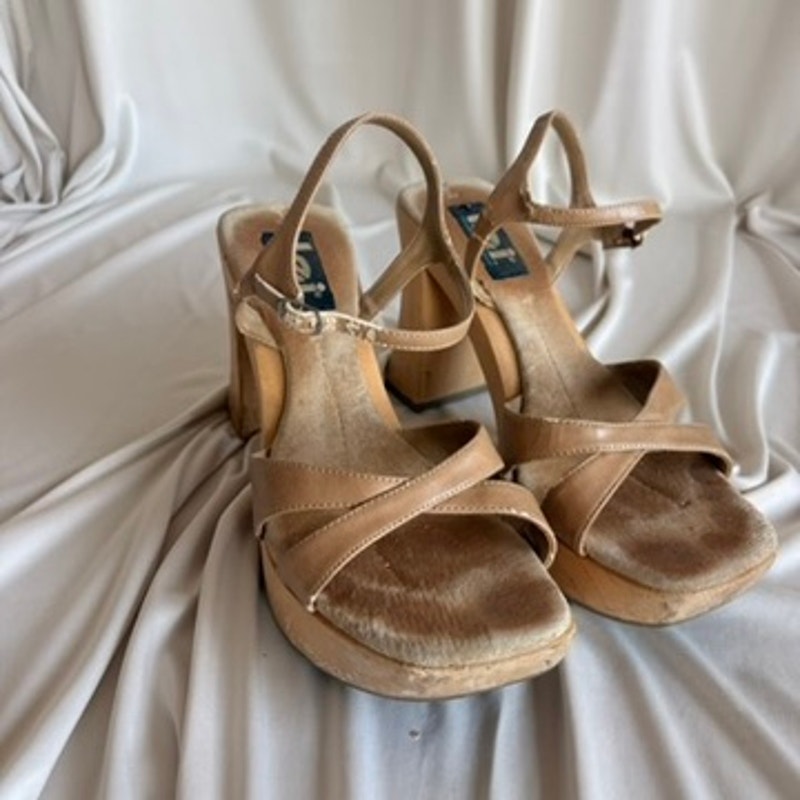 l.e.i. Wooden Platform Sandals - Brown Strappy, Chunky Block Heel, 90s/Y2K, Size 8