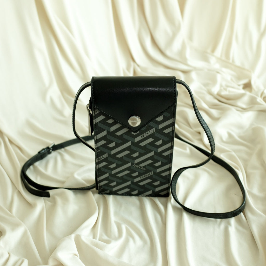 Versace La Greca Signature Crossbody Phone Pouch Leather Black Gray