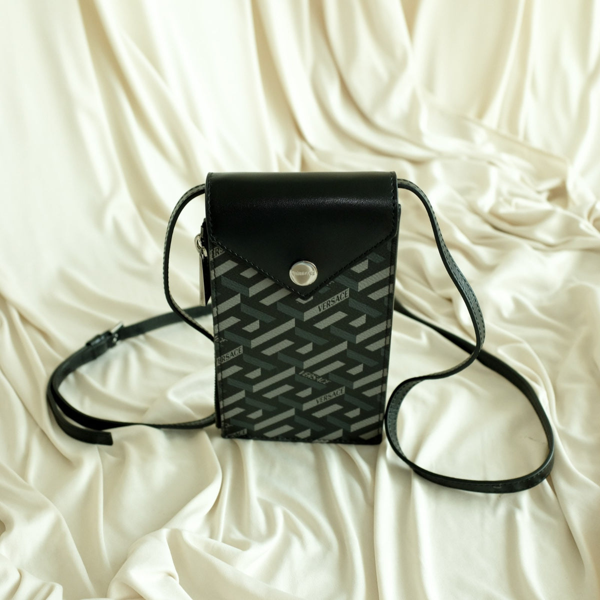 Versace La Greca Signature Crossbody Phone Pouch Leather Black Gray