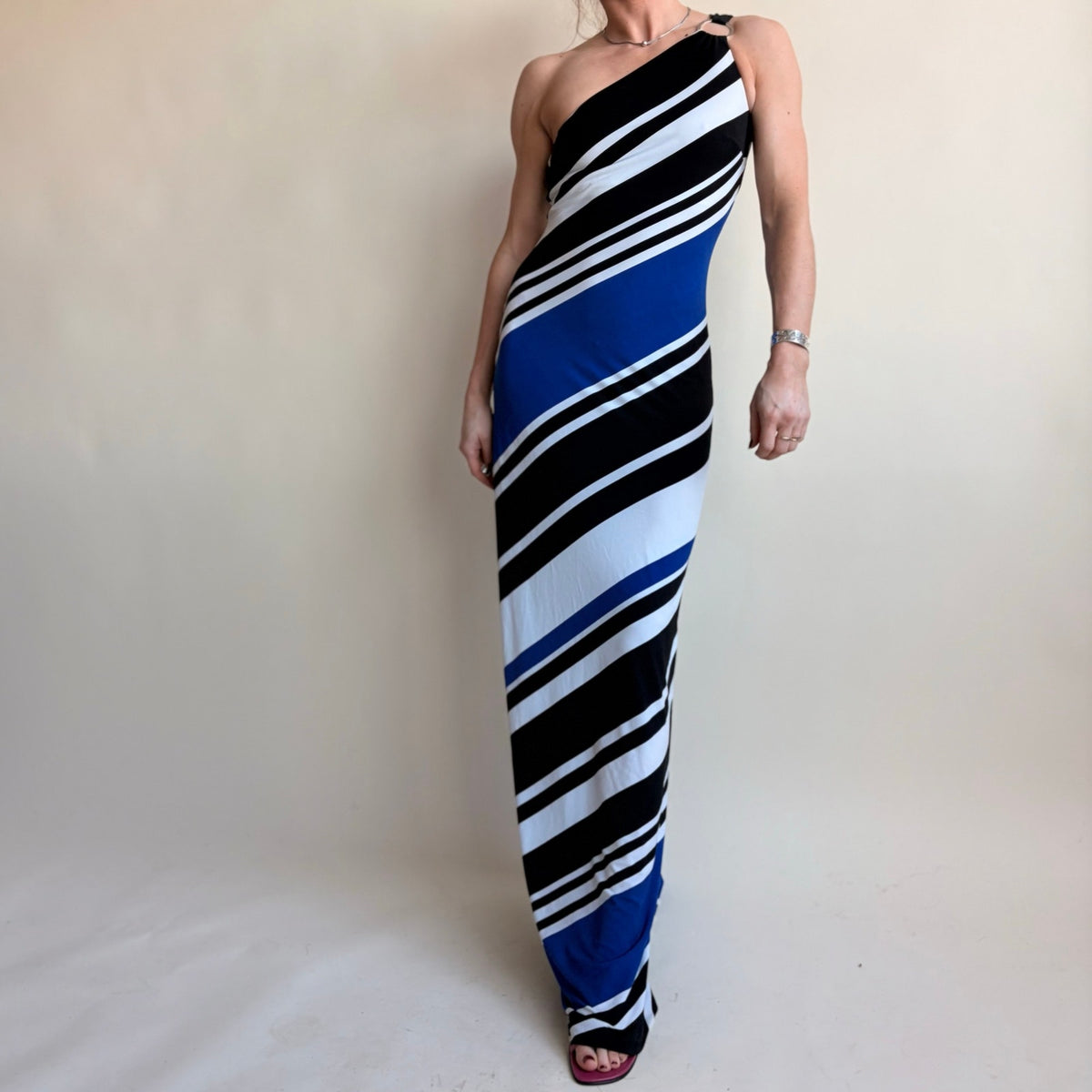 Cache One-Shoulder Striped Maxi Dress - Blue, Black, White, Size XS